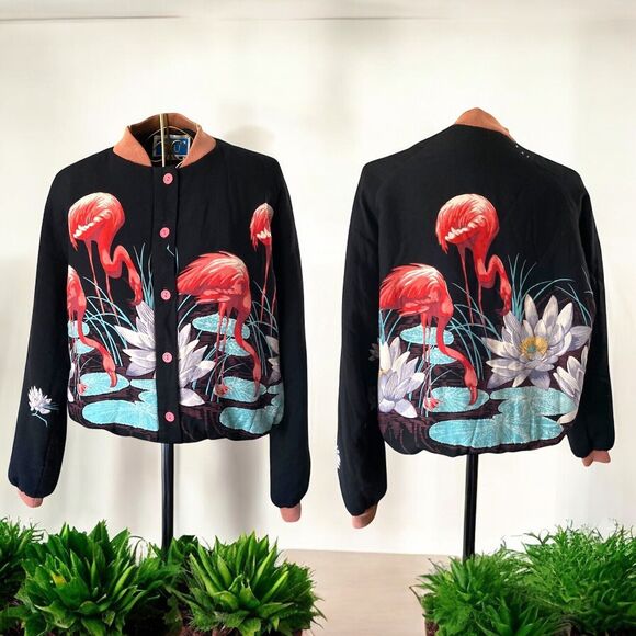 Vtg Black bomber jacket buttons flamingos lily pad flowers printed Size Medium M - Picture 4 of 16
